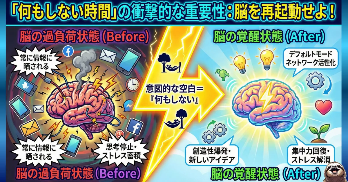 【図解】サザエさん症候群を解消する「何もしない時間」の重要性:常にスマホなどの情報に晒されて思考停止した脳の過負荷状態(左)から、意図的に情報を遮断して休むことで「デフォルトモードネットワーク」が活性化し、集中力や創造性が回復する脳の覚醒状態(右)への変化を解説したイラスト