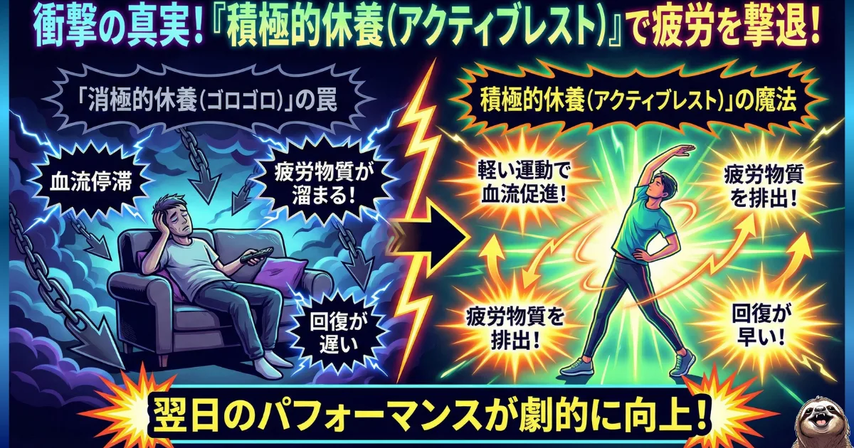 【図解】サザエさん症候群を悪化させる疲労を「積極的休養(アクティブレスト)」で撃退:休日にゴロゴロし続けることで血流が滞り疲労物質が溜まる「消極的休養(左)」の罠から抜け出し、軽い運動で血流を促進させて疲労を排出する「積極的休養(右)」に切り替えることで、月曜日のパフォーマンスを劇的に向上させるメカニズムを解説したイラスト