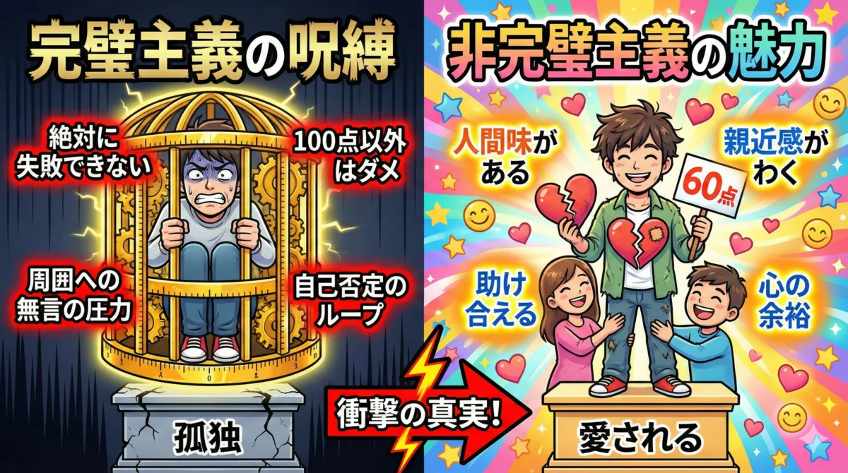 【図解】完璧主義の呪縛と非完璧主義の魅力を比較:100点を目指して自己否定と孤独の檻に陥る完璧主義(左)の末路に対し、60点や失敗を許容することで周囲から愛され助け合える非完璧主義(右)のメリットを解説。燃え尽き症候群を防ぎ、行動できない状態を治すためのパラダイムシフトを示すイラスト