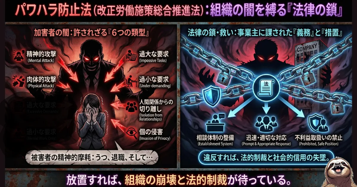 【図解】パワハラ防止法(改正労働施策総合推進法)の仕組みと事業主の義務:理不尽上司による精神的・肉体的攻撃など「6つの類型」の暴力(左)に対し、本来会社が講じるべき相談体制の整備や不利益取扱いの禁止といった法的措置(右)を解説。社内相談しても意味がない(解決しない)異常な状況を理解するための前提知識となるイラスト