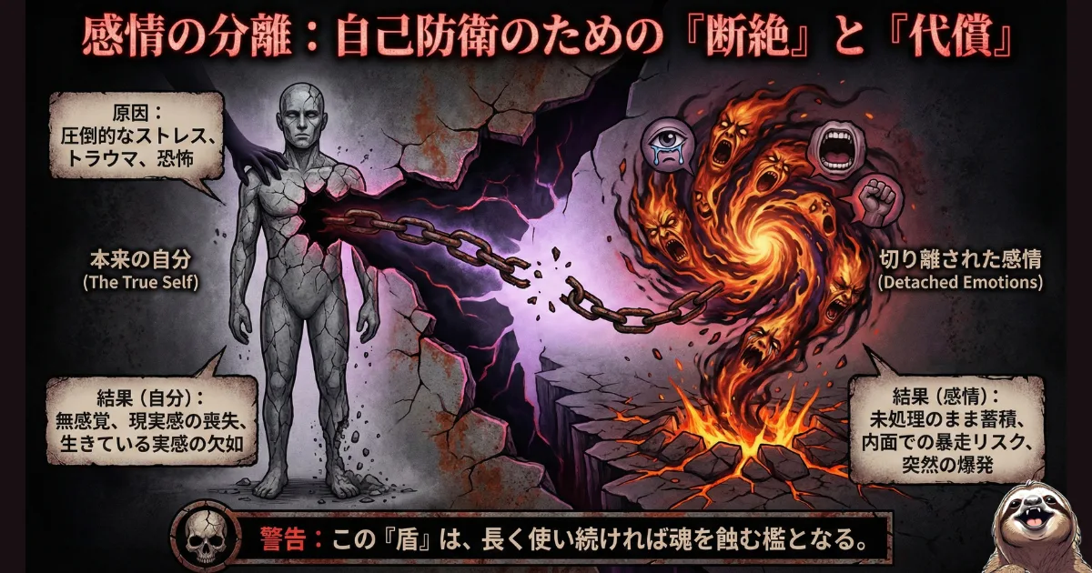 【図解】パワハラの限界サイン「感情の分離」:理不尽な上司からの圧倒的なストレスから心を守るため、自分を石のように「無感覚」にして防衛する状態(左)と、切り離された怒りや悲しみが内面でマグマのように蓄積し、突然の爆発(崩壊)リスクを抱えている状態(右)を解説した心理メカニズムのイラスト