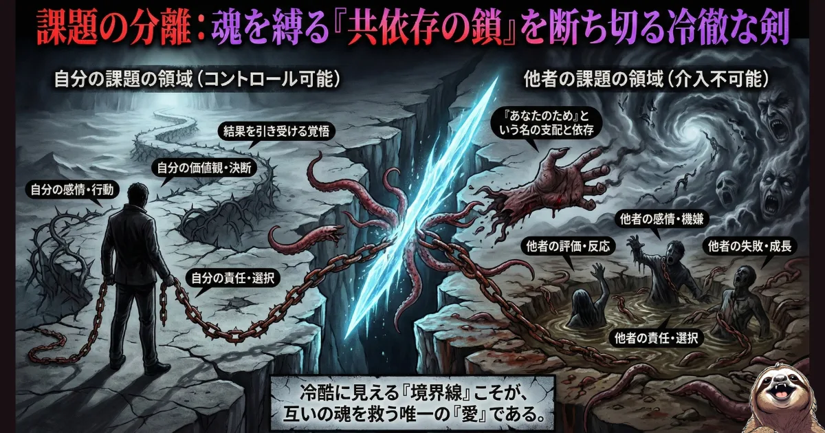 【図解】パワハラ上司との共依存を断ち切る「課題の分離」:理不尽な上司の機嫌や評価といった「他者の課題(右)」に介入するのをやめ、青く光る境界線の剣で鎖を断ち切り、退職や転職など自分がコントロール可能な「自分の課題(左)」だけに集中することで心を救う心理メカニズムを解説したイラスト