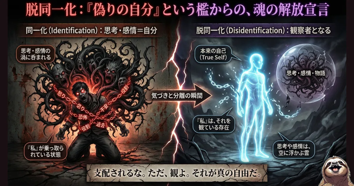 【図解】パワハラによる精神崩壊を防ぐ「脱同一化」のメカニズム:怒りや恐怖などの感情の渦に飲み込まれて自分を見失う「同一化(左)」の状態から、感情を自分自身から切り離して客観的に観察する「脱同一化(右)」へと移行することで、冷静な判断力と真の自由を取り戻すための心理テクニックを解説したイラスト