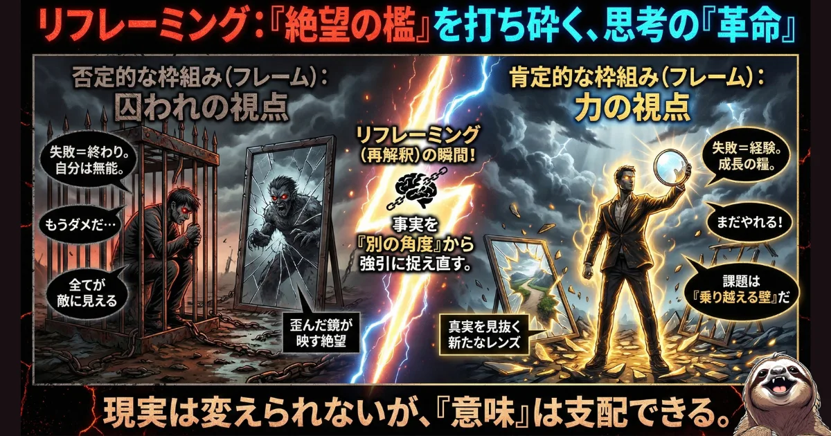 【図解】パワハラによる限界や絶望を打ち砕く心理テクニック「リフレーミング」:「自分は無能だ」と自分を檻に閉じ込める否定的な視点(左)から、事実を別の角度から捉え直し、「課題は乗り越える壁だ」と肯定的な視点(右)に転換することで、理不尽な上司による洗脳を解き、次の行動を起こすための思考法を解説したイラスト