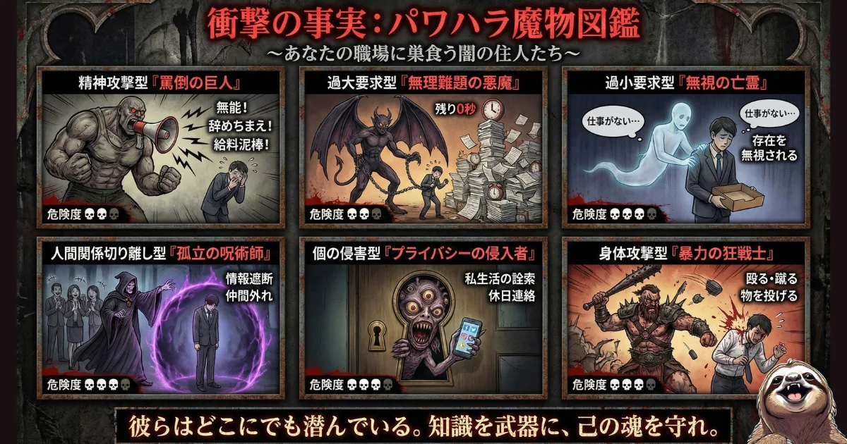【図解】理不尽な上司によるパワハラの6つの類型をまとめた「魔物図鑑」:精神攻撃(罵倒の巨人)、過大要求(無理難題の悪魔)、過小要求(無視の亡霊)、人間関係からの切り離し(孤立の呪術師)、個の侵害(プライバシーの侵入者)、身体攻撃(暴力の狂戦士)としてパワハラの種類をRPG風に解説し、被害者に現状を認識させるためのイラスト