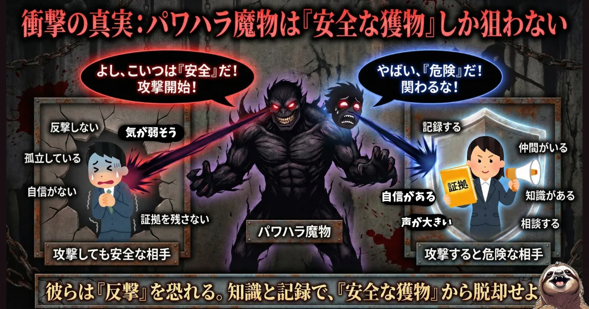【図解】パワハラ上司がターゲットを選ぶメカニズム:加害者(魔物)は、反撃せず証拠も残さない「気が弱い人(左)」を安全な獲物として狙う一方で、記録や知識で武装し反撃してくる「危険な相手(右)」を恐れて避けるという卑劣な心理を解説し、パワハラを対処するための知識と記録の重要性を伝えるイラスト