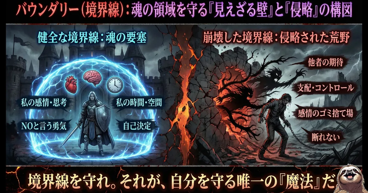 【図解】パワハラ上司から心を守る「バウンダリー(境界線)」:理不尽な要求を断れず感情のゴミ捨て場にされる崩壊した境界線(右)と、NOと言う勇気を持ち自分の時間や思考を守り抜く健全な境界線(左)を比較し、相談しても意味がない環境で自分を守るための心理的防衛術を解説したイラスト