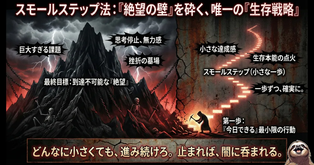 【図解】パワハラの絶望から抜け出す「スモールステップ法」:退職や転職という巨大な壁(左)を前にして思考停止する状態から、「今日できる最小限の行動」に細分化し、小さな達成感を積み重ねて確実に現状を打破していく(右)ための生存戦略を解説したイラスト