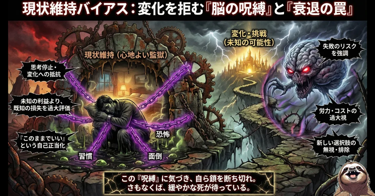 【図解】パワハラ環境から抜け出せない原因「現状維持バイアス」:相談しても意味がない理不尽な環境にいるにも関わらず、脳の防衛本能(右の化け物)が変化のリスクを過大評価し、恐怖や面倒くささという鎖で被害者を「心地よい監獄(左)」に縛り付け、行動(退職・転職)を阻害する心理メカニズムを解説したイラスト
