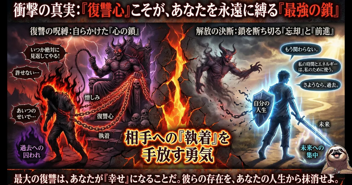 【図解】パワハラ上司への「復讐心」がもたらす罠と解放:理不尽な上司への憎しみや執着が自らを過去に縛り付ける「心の鎖(左)」であることを解説し、相手への執着を手放して自分の人生と未来に集中すること(右)こそが、真の解放であり最大の復讐(自分が幸せになること)であることを伝えるイラスト