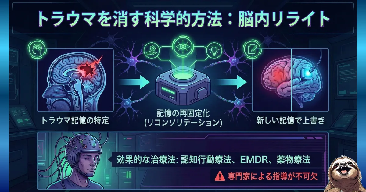 【図解】パワハラによるトラウマを消す科学的方法「脳内リライト」:理不尽な環境で負った深い心の傷(左:トラウマ記憶)を、記憶の再固定化(中央)によって無害な記憶へと上書きする(右)メカニズムを解説。限界状態から抜け出すための効果的な治療法として、認知行動療法やEMDRなどを紹介するイラスト