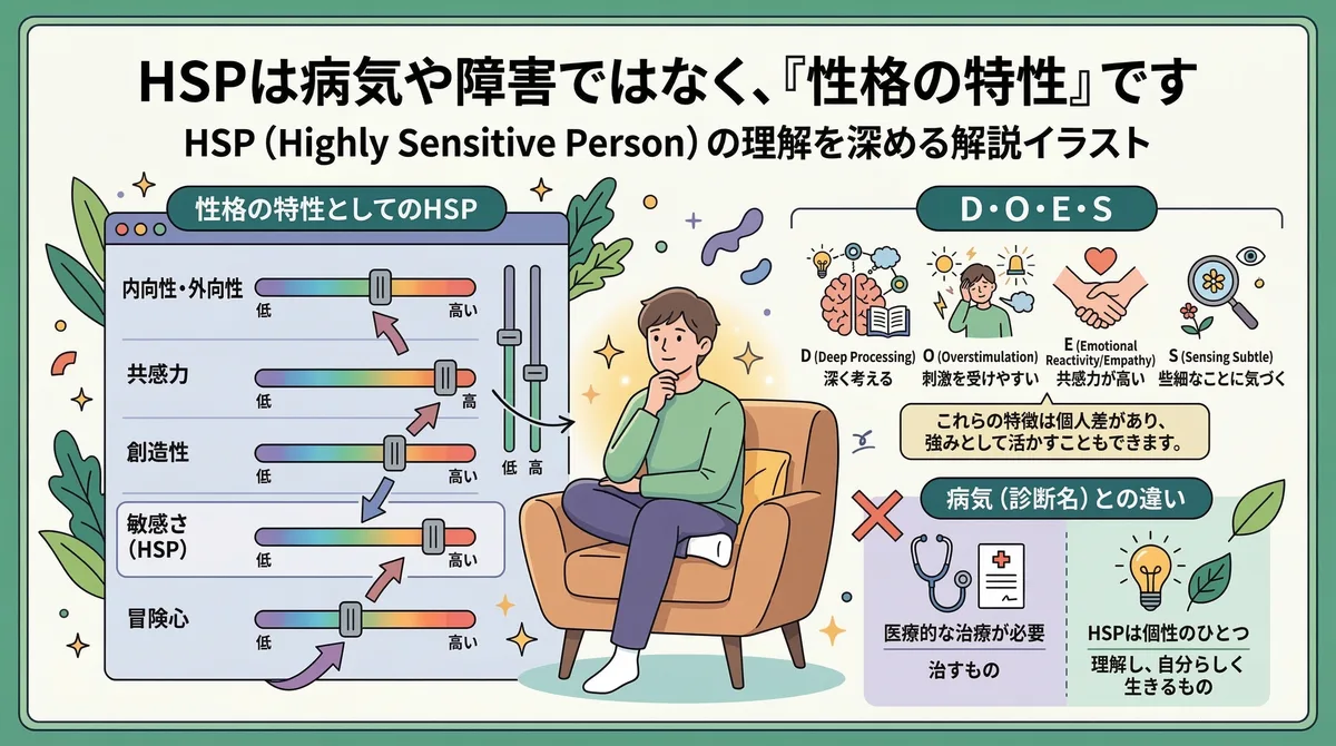 【図解】HSPは病気や障害ではなく「性格の特性」であることを解説したイラスト：内向性や創造性と同じように「敏感さ（HSP）」も個性のパラメーターの一つであること（左）や、HSPの4つの特徴であるDOES（右上）、そして治療が必要な病気とは異なり「理解して自分らしく生きるもの」であること（右下）を視覚的に説明する画像