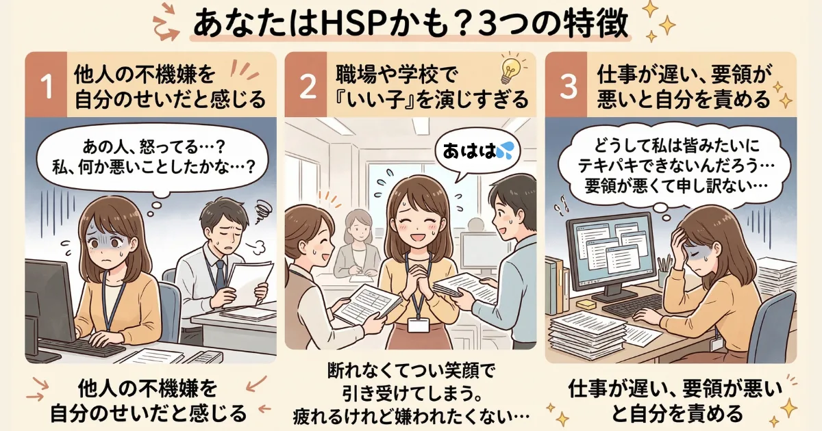 【図解】あなたはHSPかも？職場で疲れやすい人の3つの特徴：他人の不機嫌を自分のせいだと感じる（左）、嫌われたくなくて「いい子」を演じ仕事を断れない（中央）、仕事が遅い・要領が悪いと自己嫌悪に陥る（右）といった、人間関係に疲弊するHSPによくある悩みを表現したイラスト