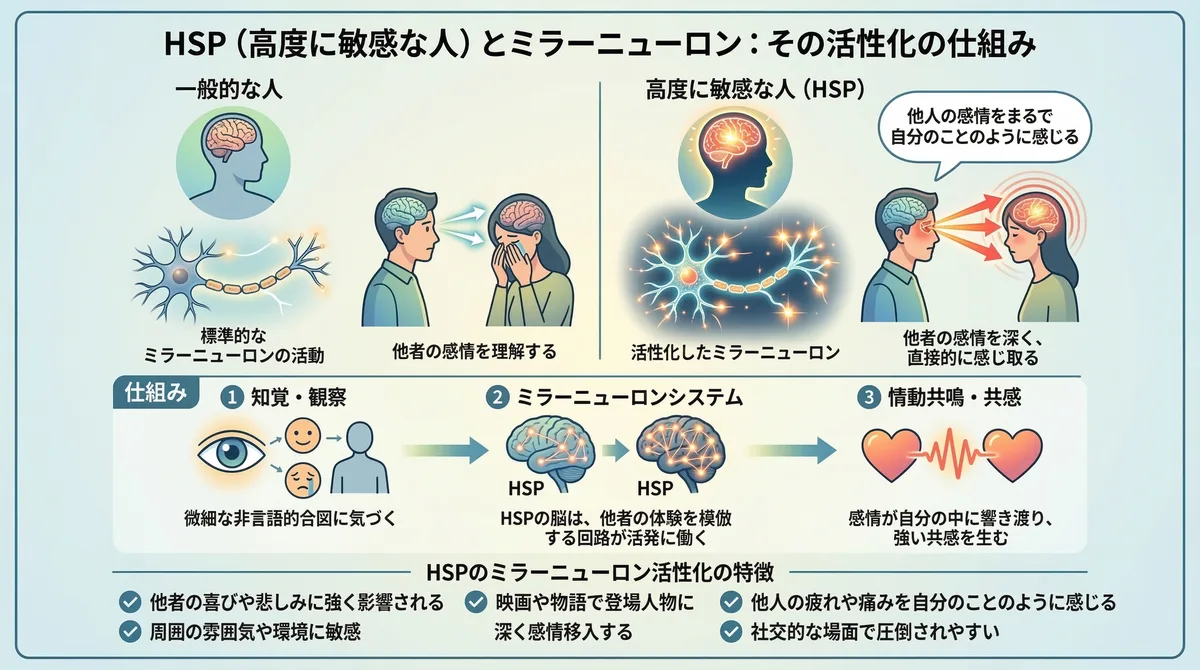 【図解】HSPが人間関係に疲れる原因「ミラーニューロン」の仕組み：HSP（高度に敏感な人）は一般的な人と比較して共感に関わる脳神経（ミラーニューロン）が活性化しやすく、他人の感情や痛みをまるで自分のことのように感じ取ってしまう脳のメカニズムを解説したイラスト