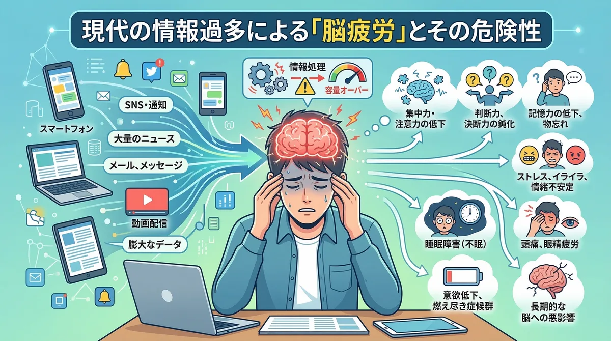【図解】HSPが疲れやすい原因「情報過多による脳疲労」のメカニズム：スマホやSNSからの大量の情報を深く処理してしまう繊細さんは、脳がすぐに容量オーバーとなり、集中力低下や睡眠障害、燃え尽き症候群などの深刻な症状を引き起こす危険性があることを解説したイラスト
