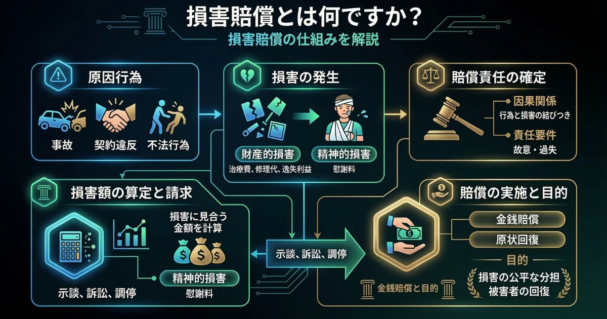 【図解】パワハラの仕返しで絶対にやってはいけない「損害賠償」請求のリスク:感情的な復讐が会社に対する「不法行為」や「契約違反」となり、逆に自分が多額の金銭賠償や慰謝料を支払う側になってしまう法的な仕組み(原因から賠償実施までのフロー)を解説したイラスト