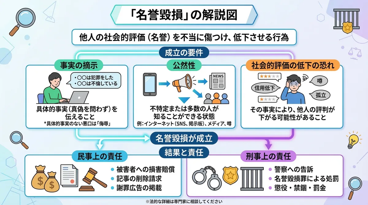 【図解】パワハラの復讐で絶対にやってはいけない「SNSでの晒し行為」のリスク:パワハラの事実であってもネット等で拡散すれば「名誉毀損」が成立し、逆に自分が民事(損害賠償)と刑事(前科)の両方の重い責任を問われてしまう法的な要件と結果を解説したイラスト