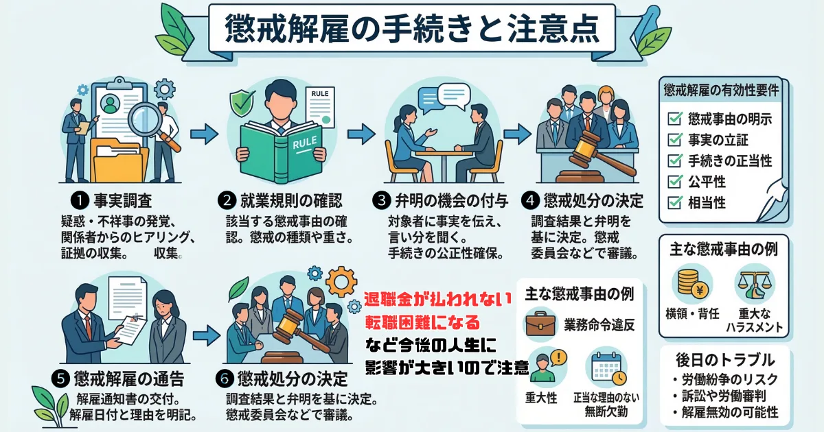 【図解】パワハラの復讐で自滅する理由「懲戒解雇のリスク」:嫌がらせや無断欠勤などの仕返しが原因で懲戒解雇になると、「退職金が支払われない」「次の転職が極めて困難になる」など、自分の今後の人生に致命的なダメージを与えることを解説した手続きのフローチャート