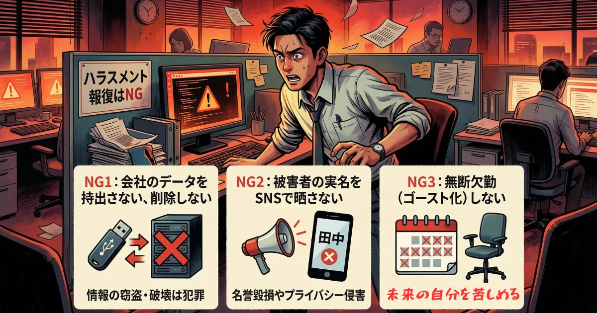 【図解】パワハラの仕返しで絶対にやってはいけない3つのNG行動:会社のデータの持ち出し・削除(犯罪)、SNSでの実名晒し(名誉毀損)、無断欠勤・ゴースト化(懲戒解雇のリスク)といった、一時の感情による復讐が未来の自分を苦しめる結果になることをまとめたイラスト