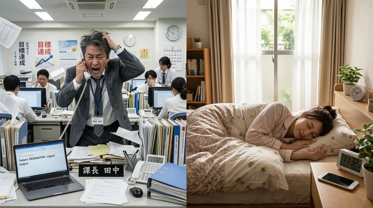 【画像】パワハラに対する最高の仕返しは「退職」である理由:有能なあなたが辞めたことで業務が崩壊し絶叫するパワハラ上司の末路(左)と、ブラック企業から逃げて心身の平穏を取り戻し、安心してぐっすり眠る退職者の姿(右)の対比を描いたイラスト