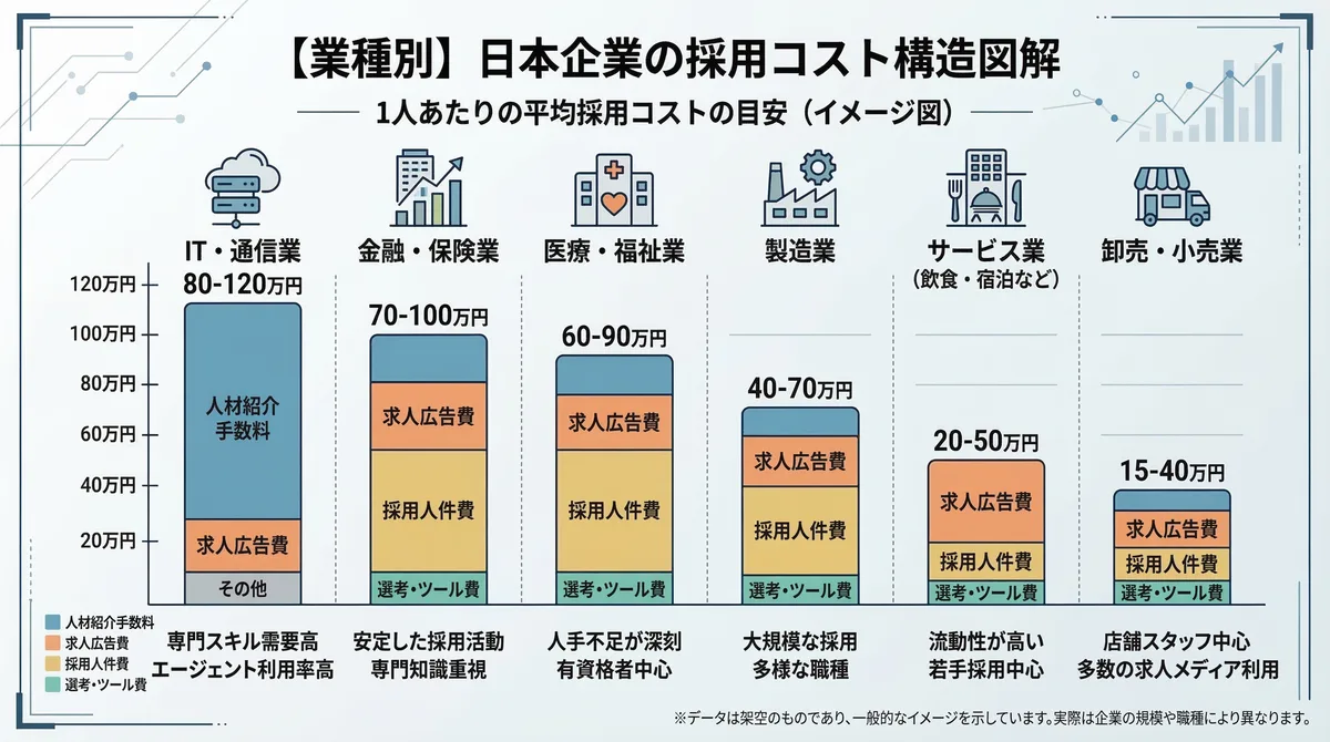 【図解】パワハラで退職された会社が負う金銭的ダメージ(業種別の平均採用コスト):あなたが一人辞めるだけで、会社は新たな人材補充のために数十万〜百万円以上の莫大なコストを支払う必要があり、「退職」こそが合法かつ最大の仕返しになることを証明するグラフ