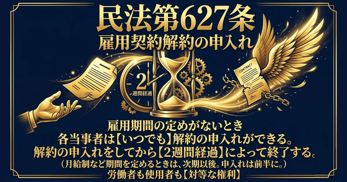 【図解】パワハラ会社を確実に辞めるための法律「民法第627条(雇用契約解約の申入れ)」:会社がどんなに引き留めたり脅したりしても、法律上は退職の意思を伝えてから「2週間」が経過すれば確実に退職(解放)できるという、労働者の強力な権利を解説したイラスト