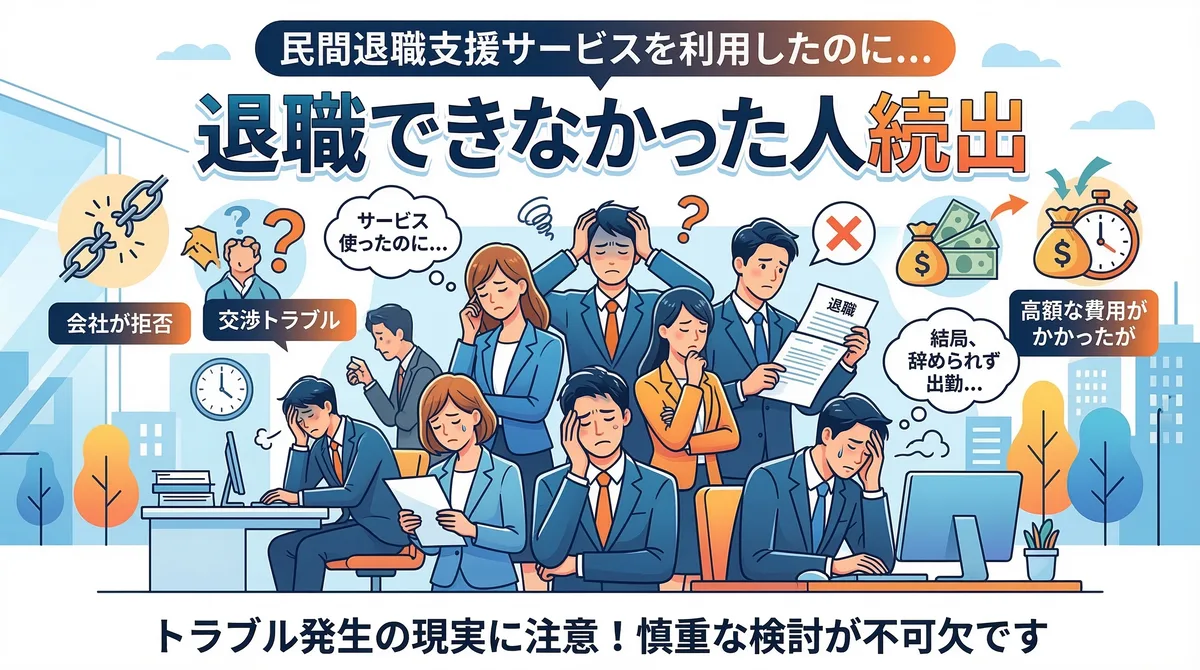【図解】パワハラ会社を辞める際の注意点:交渉権を持たない「民間の退職代行サービス」を利用した結果、会社から退職を拒否されたりトラブルになり、高額な費用を払ったのに結局辞められずに出勤することになる失敗例をまとめたイラスト