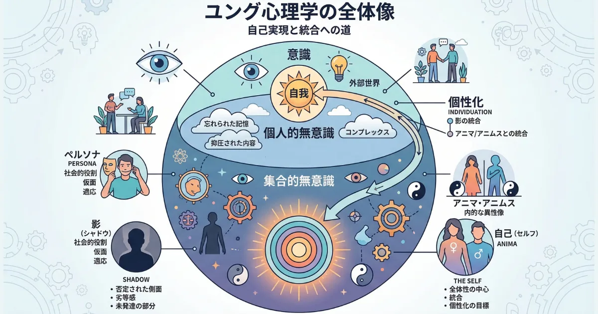 【図解】理不尽な人が悪口や怒りをぶつける心理的要因（ユング心理学）：他者を攻撃し続ける人は、自分の中の認めたくない劣等感や感情「影（シャドウ）」を無意識に他人に投影している状態であることを、心の全体構造を用いて論理的に解説したイラスト