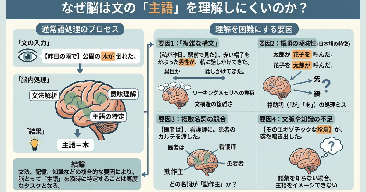 【図解】悪口や怒りをぶつける人は、複雑な文脈や「誰が（主語）」問題の根源であるかを脳内で正しく処理・理解できず、他人に言ったことを自分に言っていると感じるメカニズムを解説したイラスト