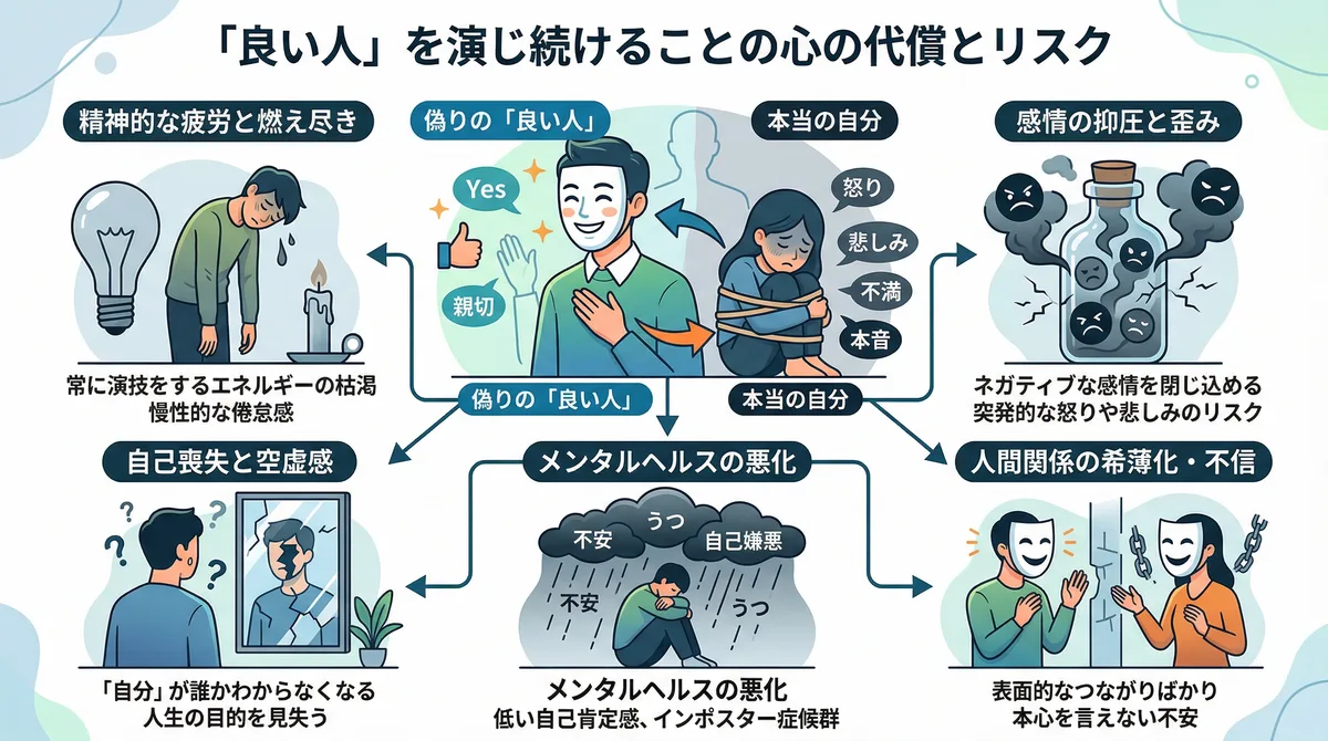 新しい職場で頑張りすぎる人が陥りがちな『良い人を演じ続けることの心の代償とリスク』を図解。偽りの自分を作ることで生じる精神的な疲労や燃え尽き（限界サイン）、感情の抑圧、自己喪失、メンタルヘルスの悪化などの末路をわかりやすく解説しています。心を壊さないための生存戦略を考える手がかりとなるイラストです。