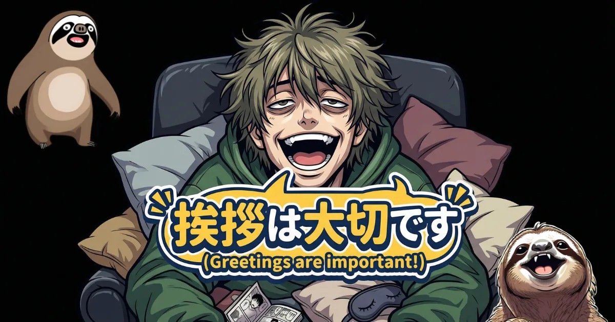 『挨拶は大切です (Greetings are important!)』というメッセージが書かれた、笑顔の男性と2匹のナマケモノのイラスト。新しい職場で頑張りすぎる人が、無理をして笑顔を作り、感情を抑圧している状態を象徴的に表現しています。限界サインを見逃さないよう、本当の自分と向き合う重要性を伝えています。