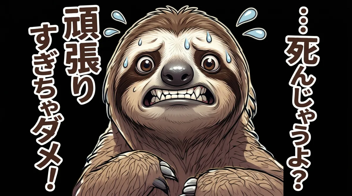 汗をかいて必死な表情のナマケモノが「…死んじゃうよ？頑張りすぎちゃダメ！」と訴えかけるイラスト。「仕事辞めたい」と限界を感じている読者に対し、心が壊れる前に自分を大切にして休むよう促す、隠れ過労への警告メッセージを表現しています。