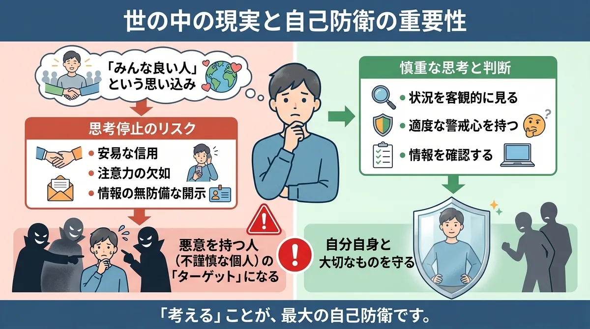 世の中の現実と自己防衛の重要性を比較した図解。「成功率100%」などの言葉を鵜呑みにして思考停止に陥り、悪質な退職代行業者のターゲット（カモ）にされてしまうリスク（左側）と、情報を客観的に確認して適度な警戒心を持つことで自分を守るプロセス（右側）を対比させています。甘い言葉のカラクリを見抜き、「自分で考えることが最大の自己防衛である」という記事の核心となるメッセージを視覚化しています。
