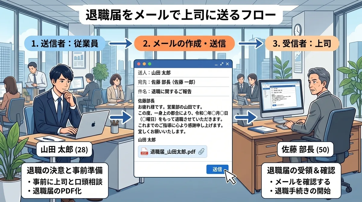 退職代行業者を使わずに、自分で退職届をメールで上司に送るフローを図解したイラスト。送信者（従業員）が退職届をPDF化してメールに添付し、受信者（上司）に送信するまでの具体的な手順とメールの文面例を解説しています。高額な退職代行に依頼しなくても、実はメール1本で法的に退職の意思表示は可能であるという、読者が自力でできる確実な代替手段を示しています。